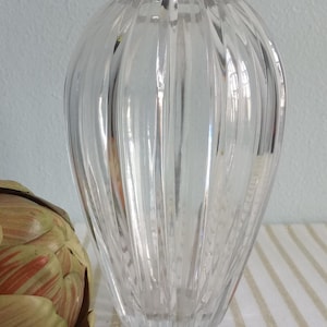 Vintage Clear Glass Bud Vase Cut Crystal; Flower Vase Bulbous Short Teardrop Shaped Vertical Ribbed Collectible Glass Decor Art Deco Style