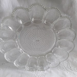 Vintage Hobnail Deviled Egg Platter, Round Relish Dish, Oyster Serving Tray Dish, Clear Glass Plate Scalloped Edge 11”, Tableware Gift Item