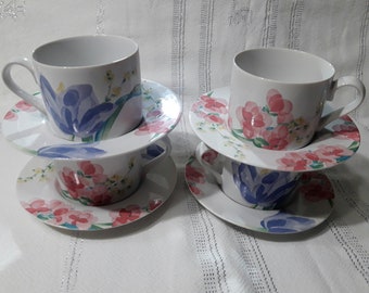 Vintage Stoneware Teacup/Coffee Mug and Saucer Set Floradale Pattern, Tableware by International China, Multicolor, Pink Blue Yellow Floral