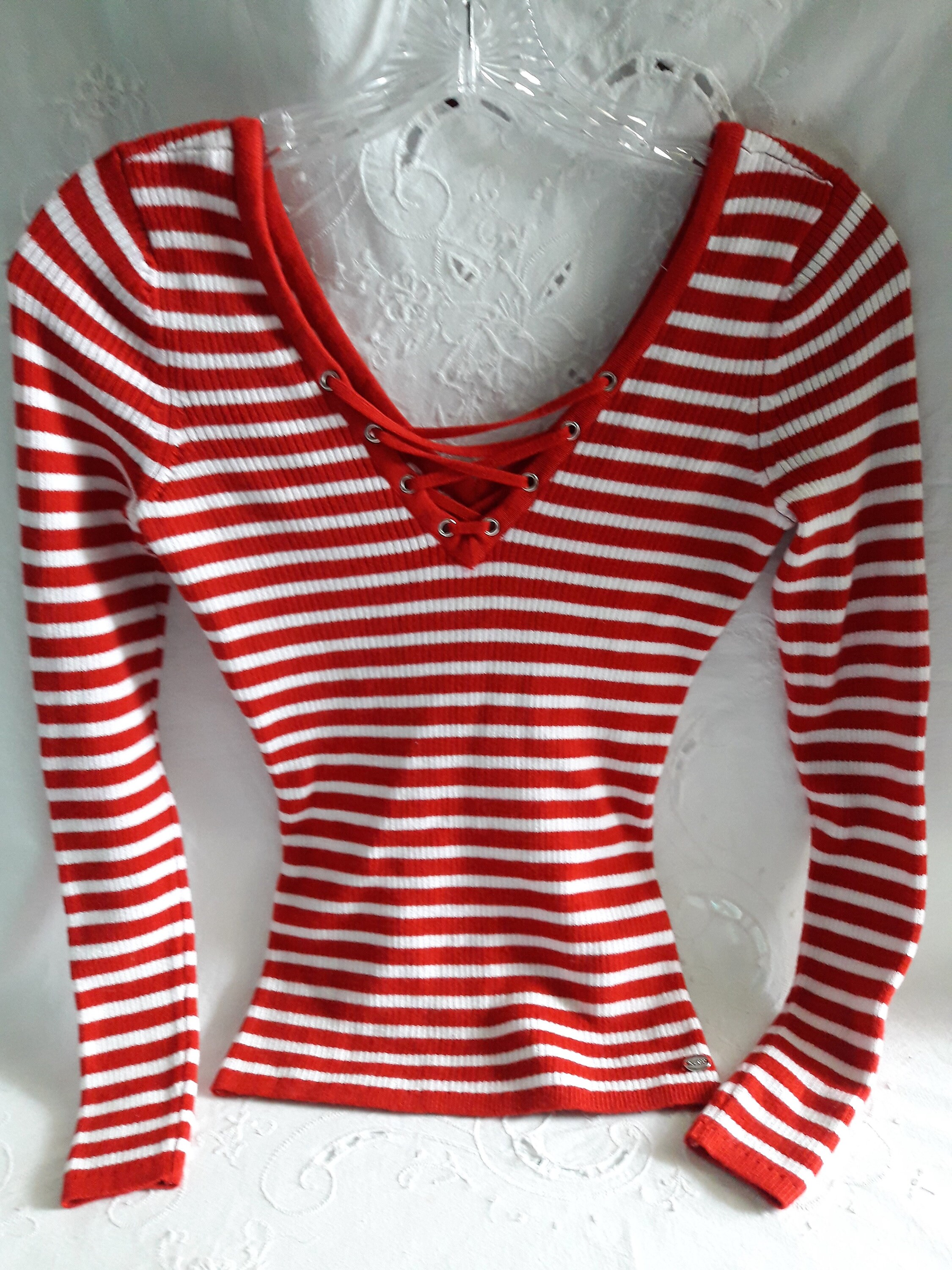 GUESS Long Sleeve Striped Lace Top, $69, GUESS