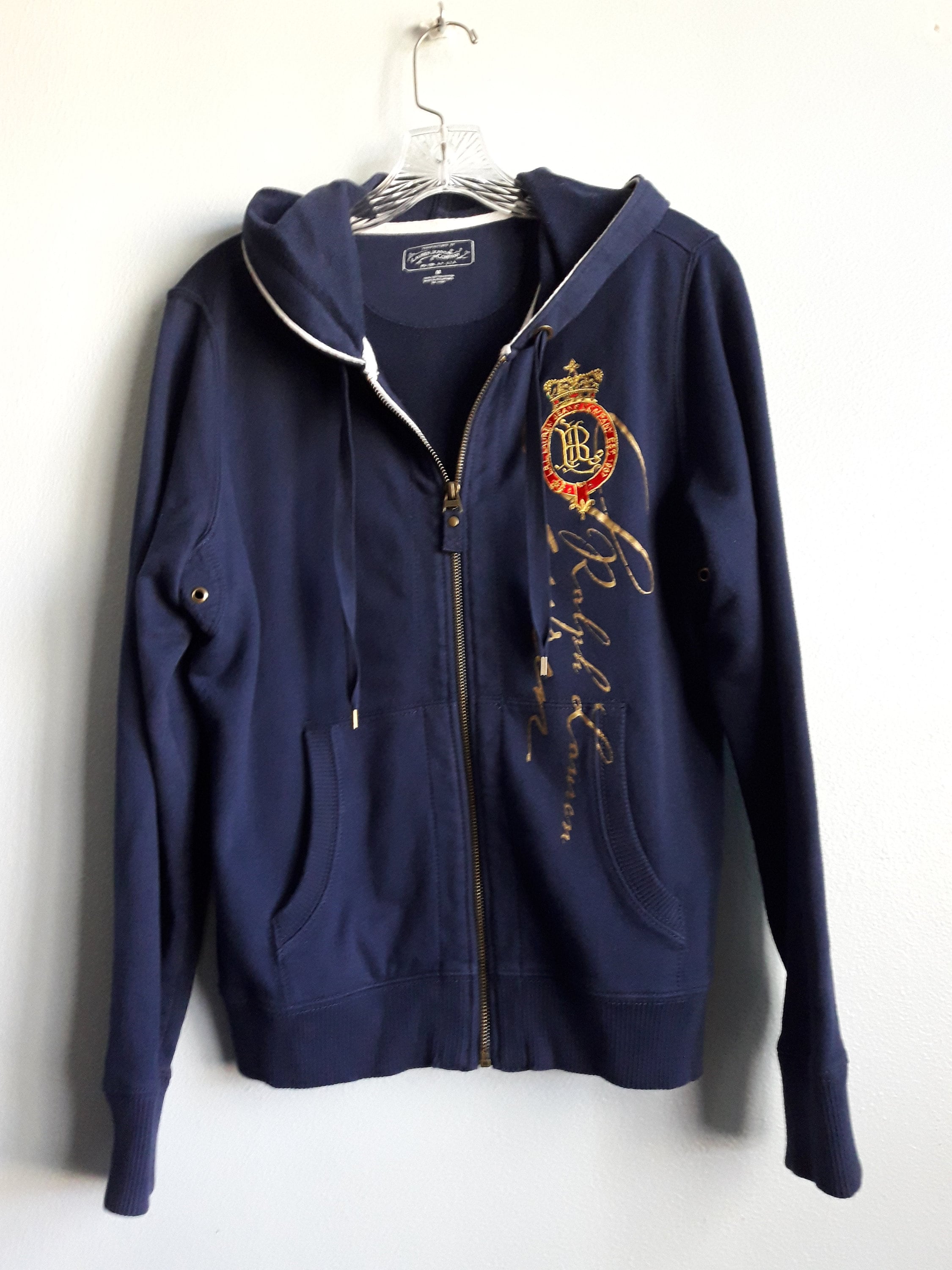Vintage Navy Blue Full Zip Front Hoodie Sweatshirt Long