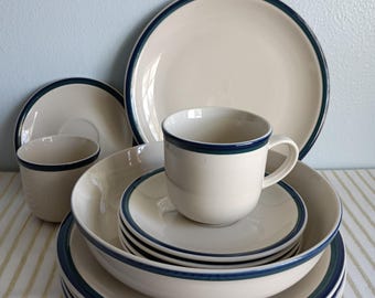 Vintage Tienshan Stoneware Set: Cobalt Blue Green Trim, 15 Pieces