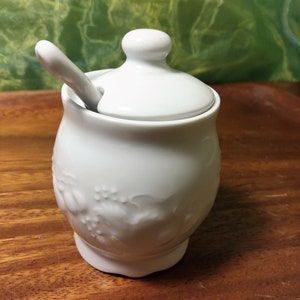 Vtg Mustard Jar with Lid and Serving Spoon/Sugar Bowl, Porcelain, All White Embossed Fruit & Leaves Motifs, 2 5/8” Philippe Deshoulieres