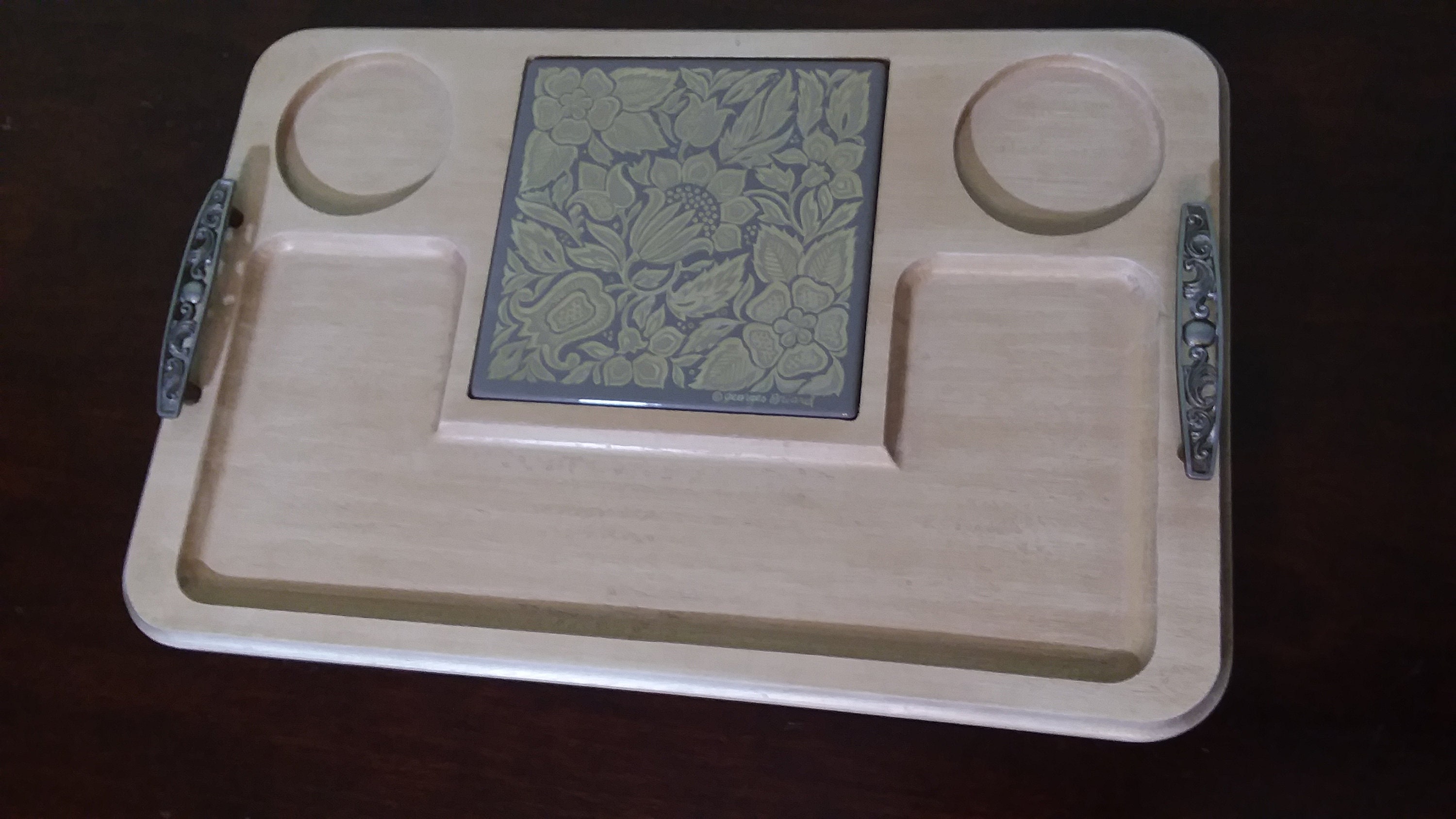 Vintage Briard Wooden Serving Tray With Handle and Tile, Cheese