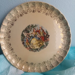 Vintage Warranted 22 Carat Gold Porcelain Plate Colonial Dancers Motif Gold Floral Trim, Wall Table Decor Collectible Decorative Gift Item