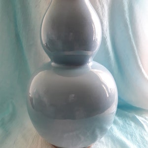 Vintage Decorative Double-Gourd Vase, Globular Ceramic Container Home Decor Collectible Blue Crackle Glaze Giftware Art Pottery Signed 17”