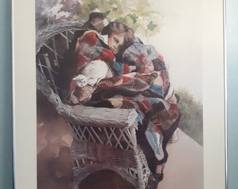 Mama’s Quilt by Lynne Yancha, Framed and Signed Fine Art Print, Silver Colored Frame, 1984, Wall Decoration Home Decor