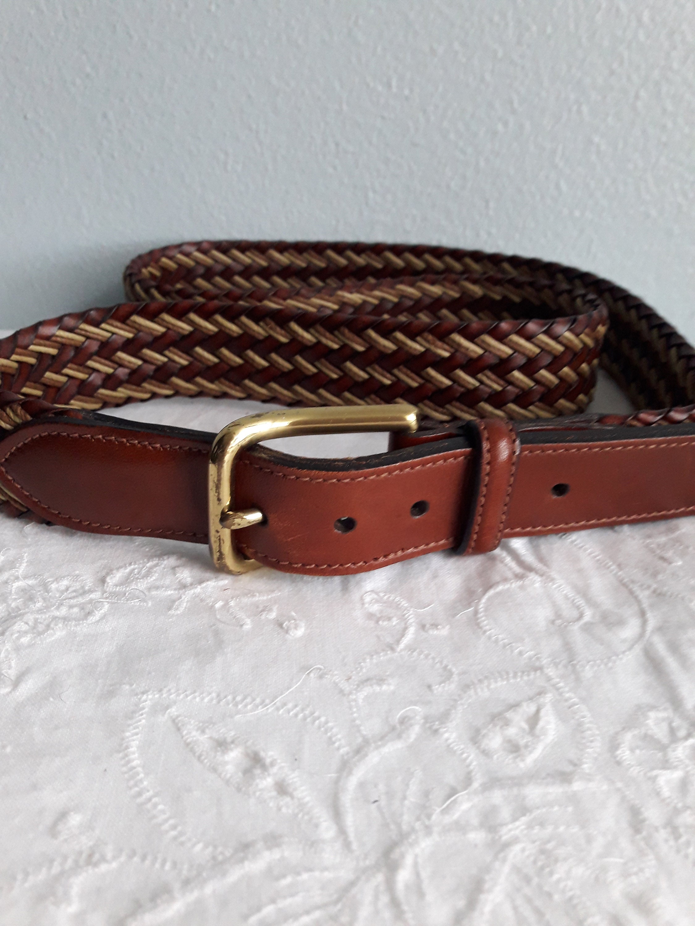 Brooks Brothers Woven Braided Waist Belt Beige, Tan and Brown