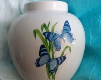 Ginger Jar Ceramic Vase, Off White Background with Blue Butterfly and Green Plant Motif – FTD Inc. Vintage Home Decor