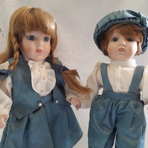 Vintage Porcelain Dolls by Marian Yu Designs, Boy Girl in Blue Outfits, Brother and Sister 1987 Toys Rare Hand-Painted Rare Collectible Gift
