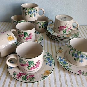 Sakura Flat Cup & Saucer Set Stoneware, Teacups/Coffee Mugs, Saucers 1997 Floral Geranium Pattern, Vintage Tableware - 8 Sets Available