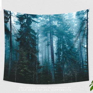 Beautiful Fog Forest Tapestry, nature dorm wall hanging, mytic woods bedroom decor, boho living room wall decor, in multiple sizes