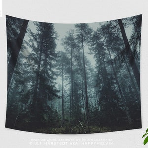 Dark Fog Forest Tapestry, dorm nature wall decor, large spooky woods living room wall hanging, boho wanderlust bedroom wall art.