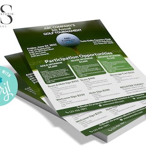 Könnte beinhalten: Ein grüner und weißer Flyer für ein Golfturnier. Der Flyer wirbt für das 5. jährliche Golfturnier, das von ABC Company veranstaltet wird. Die Veranstaltung findet am Freitag, den 24. Juni 2022, im Twin Oaks Country Club statt. Der Flyer listet verschiedene Sponsoring-Möglichkeiten mit entsprechenden Preisen auf.