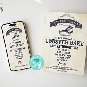 Lobster Bake Invitation - Vintage - Party Invitation & Cell Phone Invite - DIY in Corjl - Digital File
