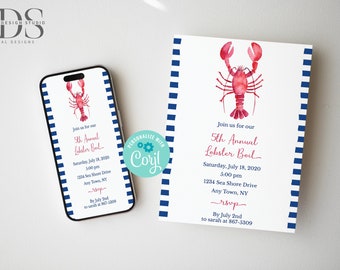 May include: A blue and white striped invitation with a red lobster illustration. The invitation is for the 5th Annual Lobster Boil on Saturday, July 18, 2020 at 5:00 pm. The address is 1234 Sea Shore Drive, Any Town, NY. RSVP by July 2nd to sarah at 867-5309.