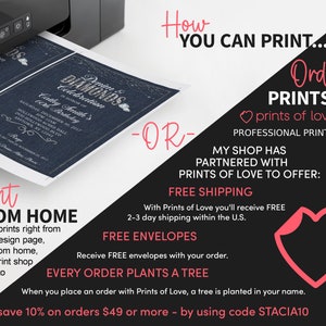 Pode incluir: Um gr&aacute;fico rosa e preto com o texto "How You Can Print... Order Prints... prints of love" e "My Shop Has Partnered With Prints of Love to Offer: Free Shipping, Free Envelopes, Every Order Plants a Tree". O gr&aacute;fico tamb&eacute;m inclui um cora&ccedil;&atilde;o rosa e um convite azul e prateado com o texto "Denim & Diamonds Celebration" e "Cathy Smith's 30th Birthday".