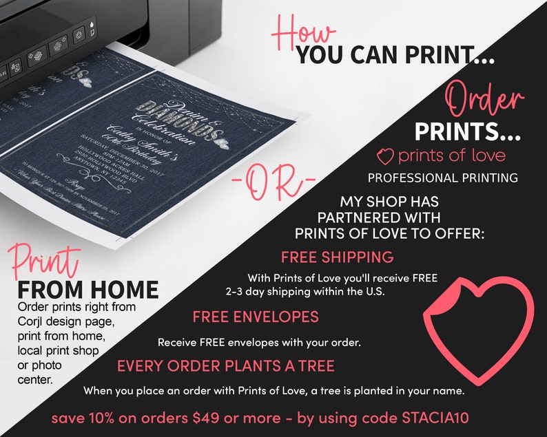 Pode incluir: Um gr&aacute;fico rosa e preto com o texto "How You Can Print... Order Prints... prints of love" e "My Shop Has Partnered With Prints of Love to Offer: Free Shipping, Free Envelopes, Every Order Plants a Tree". O gr&aacute;fico tamb&eacute;m inclui um cora&ccedil;&atilde;o rosa e um convite azul e prateado com o texto "Denim & Diamonds Celebration" e "Cathy Smith's 30th Birthday".