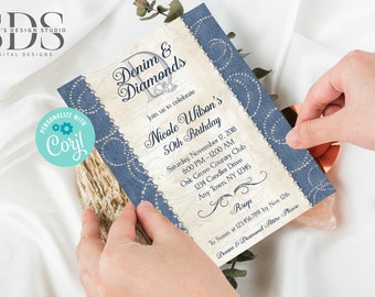 Convite de Aniversário Jeans e Diamantes - Ideal para Qualquer Idade -OU- Qualquer Ocasião - Edite Você Mesmo no Corjl - Arquivo Digital com