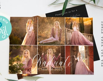 May include: A collage of six photos of a young woman in a pink dress and tulle skirt. The photos are arranged in a grid with the text "Graduate Class of 2023" in the center. The photos are taken in a variety of outdoor settings, including a forest, a field, and a porch.