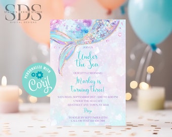 Rainbow Mermaid Tail Birthday Party Invitation - Edit Yourself in Corjl - Digital File