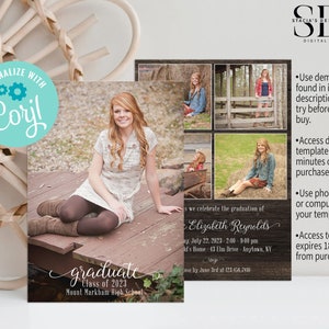 May include: A graduation announcement template with a rustic wood background. The template features a photo of a young woman in a white dress and brown boots. The text on the template reads "graduate, Class of 2023, Mount Markham High School".
