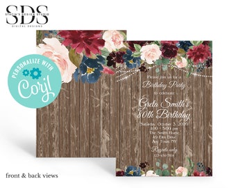 Convite de aniversário floral em painel de madeira -OU- Personalize para qualquer ocasião - Edite você mesmo no Corjl - Arquivo digital -