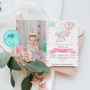 Rainbow Unicorn Birthday Party Invitation - Edit Yourself in Corjl - Digital File