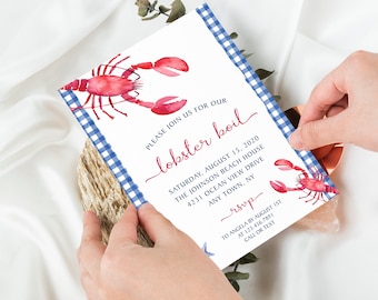 May include: A blue and white gingham patterned invitation card with a watercolor illustration of a lobster. The text on the card reads "Please join us for our lobster boil Saturday, August 15, 2020 The Johnson Beach House 4231 Ocean View Drive Any Town, NY RSVP to Angela by August 1st at 123.456.7891 Call or Text"