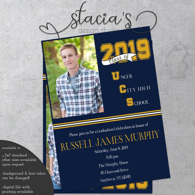 Graduation Invitation Announcement Five Photo Customizable To School Colors Two Sided Digital File