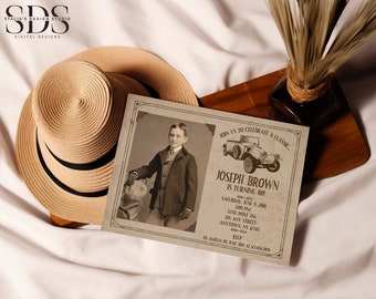 Convite de aniversário vintage com carro clássico - Com ou sem foto - Para adultos de qualquer idade - Edite você mesmo no Corjl - Arquivo digital