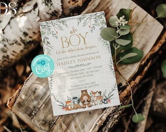 Woodland Watercolor Baby Shower Invitation - Edit Yourself in Corjl - Digital File