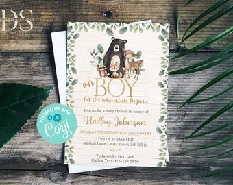 Woodland Watercolor Baby Shower Invitation - Edit Yourself in Corjl - Digital File