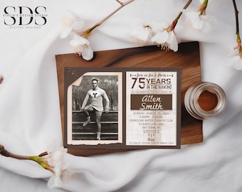 May include: A brown invitation with a woodgrain texture. The invitation is for a 75th birthday party for Allen Smith. The party will be held on Sunday, March 29, 2020 from 3:00 PM to 6:00 PM at the Everclear Water Country Club. The invitation includes a black and white photo of Allen Smith in a vintage baseball uniform.