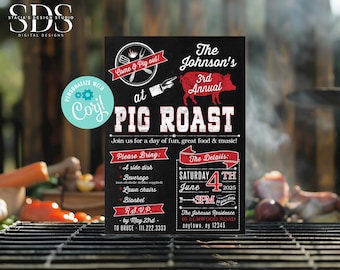 Retro Pig Roast Invitation - Chalkboard - Hog Roast - Digital File - DIY in Corjl