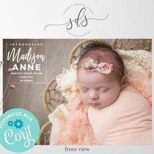 Birth Announcement - One Photo Front with Optional 6 Photo Backside - DIY in Corjl - Digital File -