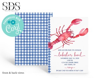 May include: A watercolor illustration of a lobster on a white background with text that reads "Join us for our 5th Annual Lobster Boil Saturday, July 18, 2020 5:00 PM 1234 Sea Shore Drive Any Town, NY rsvp By July 2nd to Sarah at 867-5309"