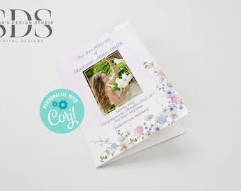 May include: A purple and white floral design Bat Mitzvah invitation with a photo of the celebrant in a white dress holding a bouquet of flowers. The text reads "The Bat Mitzvah of Madison Anne Smith" and includes the date, location, and Rabbi's name.