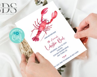 May include: A white invitation card with a watercolor illustration of a red lobster. The text on the card reads "Join us for our 5th Annual Lobster Boil, Saturday, July 18, 2020, 5:00 PM, 1234 Sea Shore Drive, Any Town, NY, RSVP by July 2nd to Sarah at 867-5309."