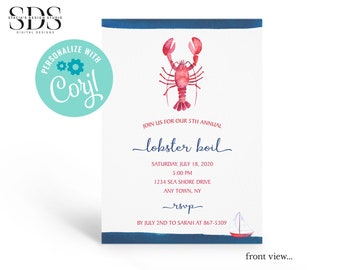 May include: A blue and white invitation with a watercolor illustration of a lobster. The text reads "Join us for our 5th Annual Lobster Boil" and includes the date, time, and location. The invitation also includes the text "RSVP by July 2nd to Sarah at 867-5309".