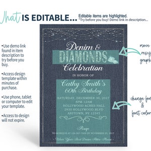 Pode incluir: Um convite para uma festa de anivers&aacute;rio de 60 anos com tema de jeans e diamantes com um gr&aacute;fico azul esverdeado e branco. O convite inclui o texto "Denim & Diamonds Celebration" e "Cathy Smith's 60th Birthday".