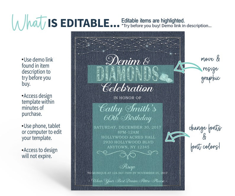Pode incluir: Um convite para uma festa de anivers&aacute;rio de 60 anos com tema de jeans e diamantes com um gr&aacute;fico azul esverdeado e branco. O convite inclui o texto "Denim & Diamonds Celebration" e "Cathy Smith's 60th Birthday".