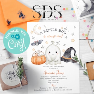 Halloween - A Little Boo - Baby Shower Invitation - Edit Yourself in Corjl - Digital File -