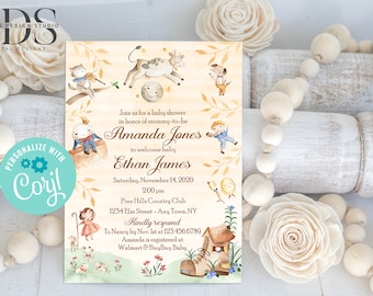 May include: A baby shower invitation with a whimsical illustration of a cow, a cat, a dog, and a little boy. The invitation is for Amanda Jones and Ethan James, and it is set for Saturday, November 14, 2020 at 2:00 pm at the Pine Hills Country Club. The invitation also includes the address and RSVP information.