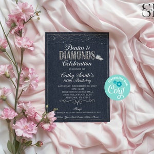 Pode incluir: Um convite azul denim com detalhes de glitter prateado para uma festa de anivers&aacute;rio de 60 anos. O convite diz "Denim & Diamonds Celebration" em homenagem ao 60&ordm; anivers&aacute;rio de Cathy Smith. A festa &eacute; no s&aacute;bado, 30 de dezembro de 2017, das 20h &agrave;s 00h no Hollywood Acres Hall, 2930 Hollywood Blvd, Anytown, NY 12345. O convite tamb&eacute;m inclui um logotipo azul e branco personalizado com Cory!