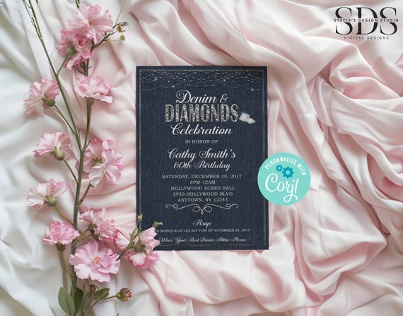 Denim & Diamonds Invitation - Birthday - Bridal - Anniversary - Retirement - Any Occasion! Edit Yourself in Corjl - Digital File