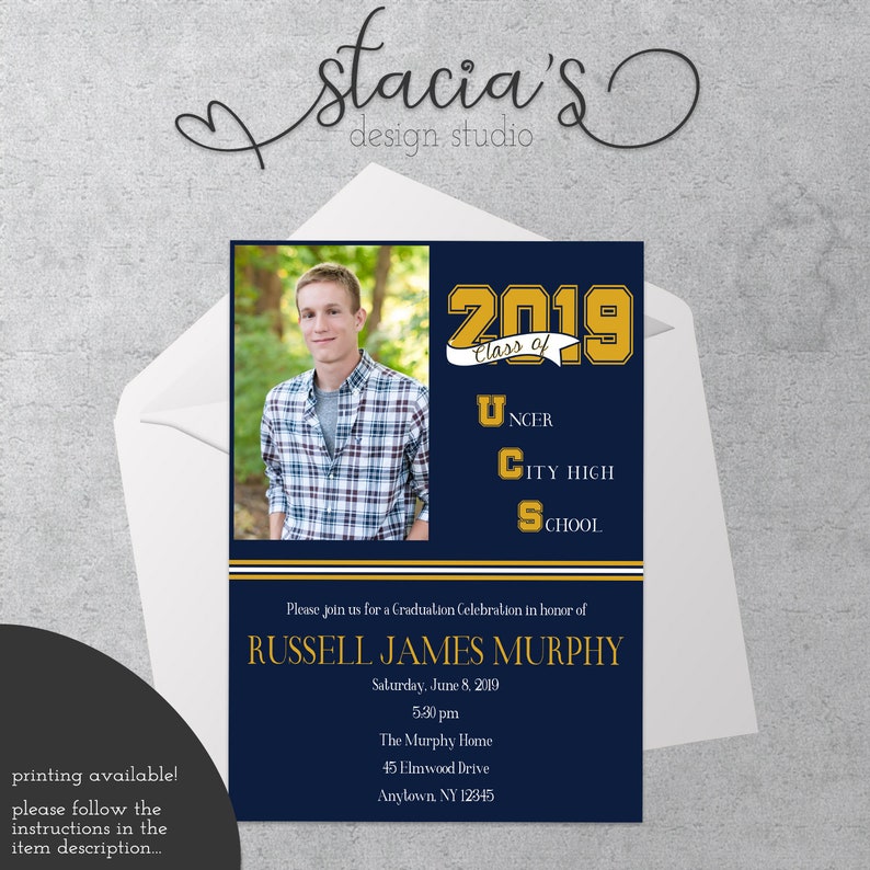 Graduation Invitation Announcement Five Photo Customizable To School Colors Two Sided Digital File