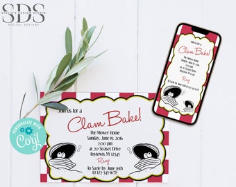 Clam Bake Red & White Gingham Party Invitation - Edit Yourself in Corjl - Digital File - Printing Available