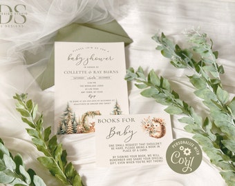 Woodland Watercolor - Baby Shower Invitation, Books 4 Baby & Diaper Raffle Cards - Edit Yourself in Corjl - Digital File