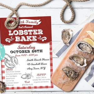 Lobster Bake - Lobster Boil - Menu Invitation - Retro Gingham - DIY in Corjl - Digital File